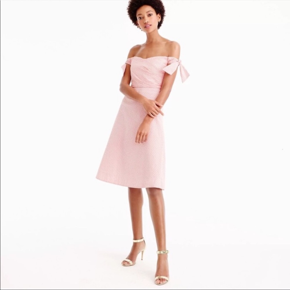 J. Crew Pink Seersucker Off the Shoulder Fit and Flair Dress
